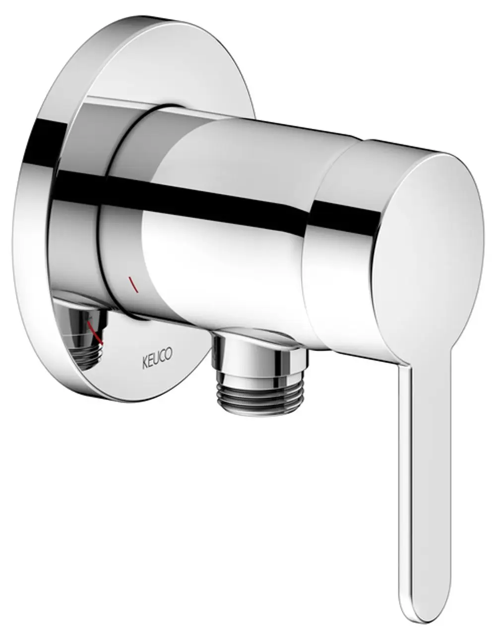 Wasserhahn von Keuco, wandmontiert mit einem runden Auslauf und einem seitlichen Hebelgriff. Verchromte Oberfläche, minimalistisches Design.